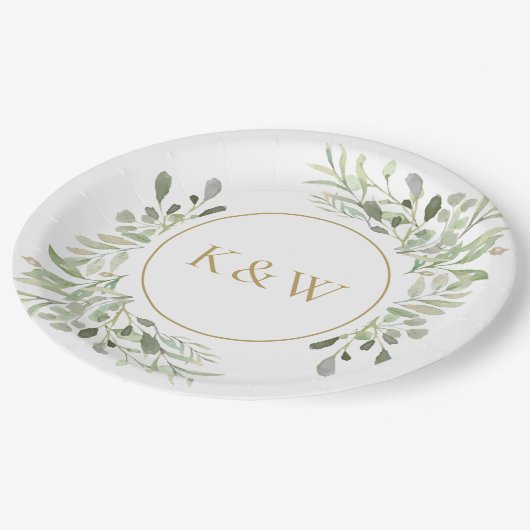 Assiettes En Carton Monogramme Or Eucalyptus Vert (Angle)
