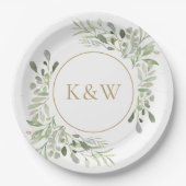 Assiettes En Carton Monogramme Or Eucalyptus Vert (Devant)