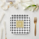 Assiettes En Carton Monogramme or noir blanc arlequin motif<br><div class="desc">Monogramme or noir blanc arlequin motif</div>