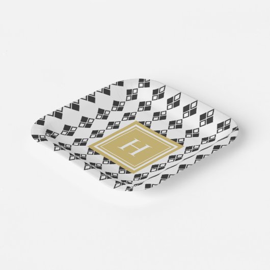 Assiettes En Carton Monogramme or noir blanc arlequin motif (Angulaire)