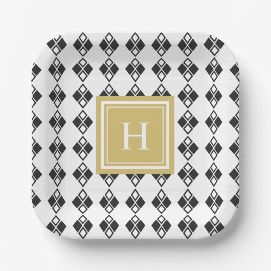 Assiettes En Carton Monogramme or noir blanc arlequin motif (Recto)