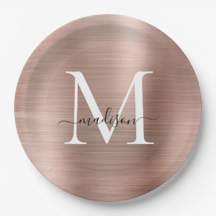 Assiettes En Carton Monogramme or rose Glam métal acier