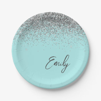 Assiettes En Carton Monogramme Pailleté Argent Bleu Aqua Sarcelle