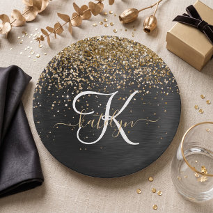 Assiettes En Carton Monogramme pailleté noir pailleté or personnalisé