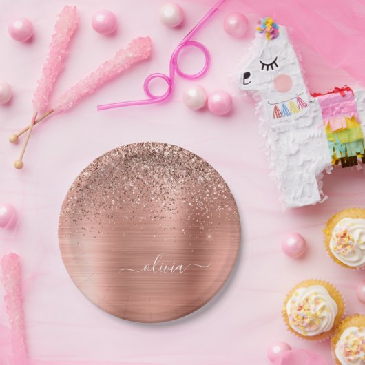 Assiettes En Carton Monogramme Pailleté Rose Gold Métal Brossé (Fête)