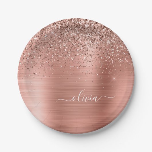 Assiettes En Carton Monogramme Pailleté Rose Gold Métal Brossé (Devant)