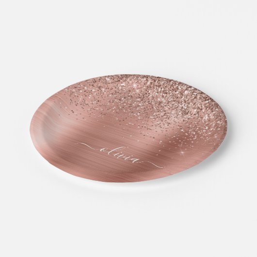 Assiettes En Carton Monogramme Pailleté Rose Gold Métal Brossé (Angle)