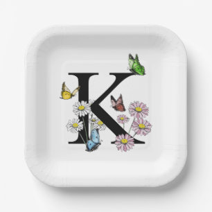 Assiettes En Carton Monogramme papillon aquarelle florale lettre K