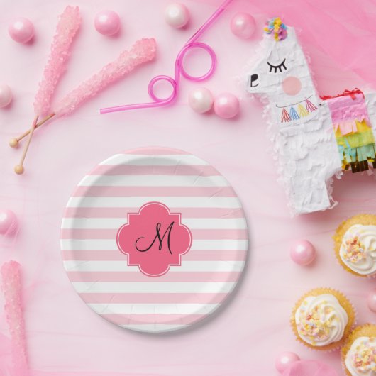 Assiettes En Carton Monogramme Pastel Pink Stripes Patten (Fête)