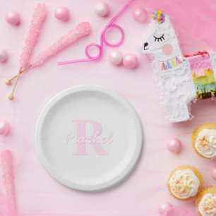Assiettes En Carton Monogramme personnalisable   Ombre rose et gris