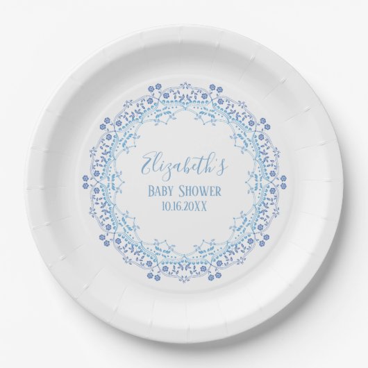 Assiettes En Carton Monogramme personnalisé bleu Simple Floral Élégant (Devant)