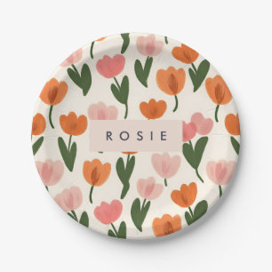 Assiettes En Carton Monogramme Personnalisé Cute Spring Tulip Motif