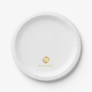 Assiettes En Carton Monogramme personnalisé de luxe blanc et or