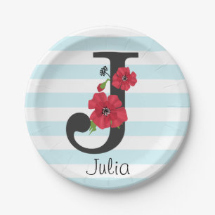 Assiettes En Carton monogramme personnalisé modifiable en J texte fleu