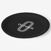 Assiettes En Carton Monogramme personnalisé noir gris blanc Nom (Angle)