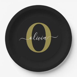 Assiettes En Carton Monogramme personnalisé Nom du script Black White 
