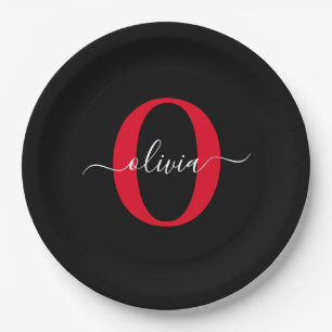 Assiettes En Carton Monogramme personnalisé Nom du script Noir Blanc R