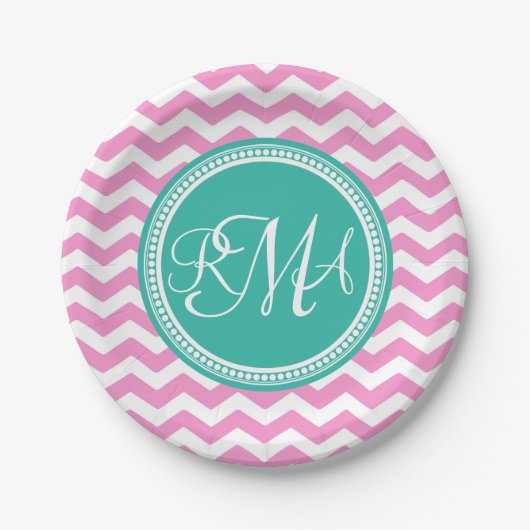 Assiettes En Carton Monogramme Pink et Turquoise Chevron Custom (Devant)