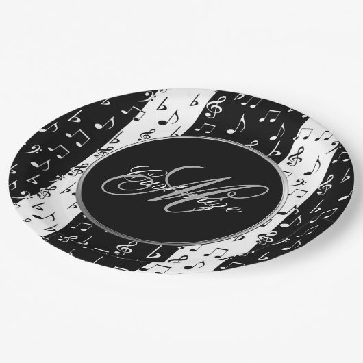 Assiettes En Carton Monogramme Plaques de rayures musicales noires et  (Angle)