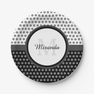 Assiettes En Carton Monogramme Pois noir et blanc avec nom