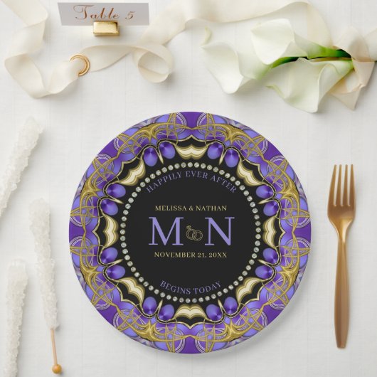 Assiettes En Carton Monogramme Purple Gold Diamond dentelle Mariage un (Mariage)