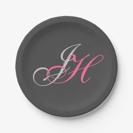 Assiettes En Carton Monogramme rose gris noir Simple (Devant)