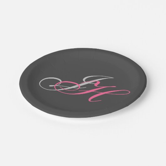 Assiettes En Carton Monogramme rose gris noir Simple (Angle)