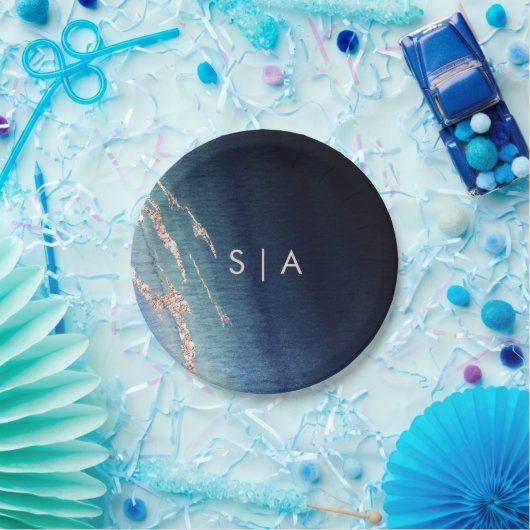 Assiettes En Carton Monogramme Rose or Mariage et agate bleu marine (Fête)