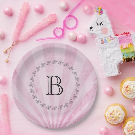 Assiettes En Carton Monogramme rose soleil Shabby Texture (Fête)