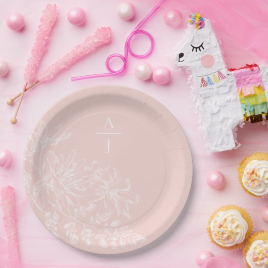 Assiettes En Carton Monogramme rose vif moderne Plaque en papier flora (Fête)