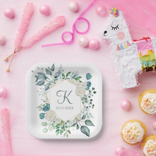 Assiettes En Carton Monogramme Roses blanches Verdure Eucalyptus Maria (Fête)
