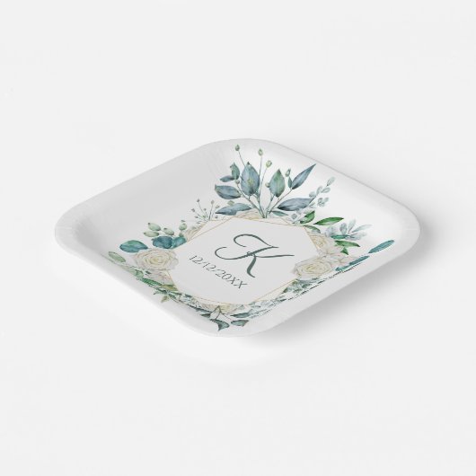 Assiettes En Carton Monogramme Roses blanches Verdure Eucalyptus Maria (Angulaire)