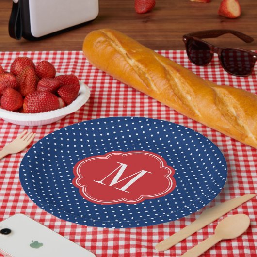 Assiettes En Carton Monogramme rouge blanc et bleu Pois (Pique-nique)