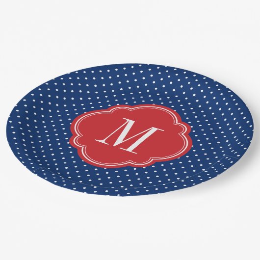 Assiettes En Carton Monogramme rouge blanc et bleu Pois (Angle)