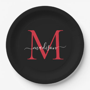 Assiettes En Carton Monogramme rouge de Bourgogne noire Élégant script