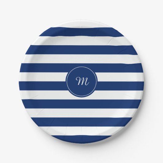 Assiettes En Carton Monogramme Royal Bleu rayé (Devant)