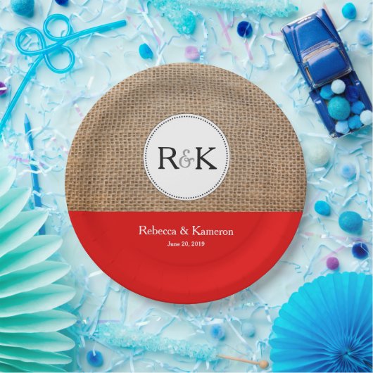 Assiettes En Carton Monogramme rustique Burlap et Mariage rouge (Fête)