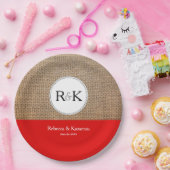 Assiettes En Carton Monogramme rustique Burlap et Mariage rouge (Fête)