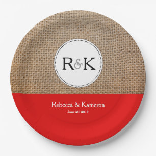 Assiettes En Carton Monogramme rustique Burlap et Mariage rouge