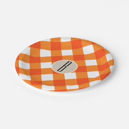 Assiettes En Carton Monogramme rustique Kraft Plaid Blanc orange initi (Angle)