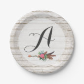 Assiettes En Carton Monogramme Rustique Plumes de Bohême Mariage Flèch (Devant)