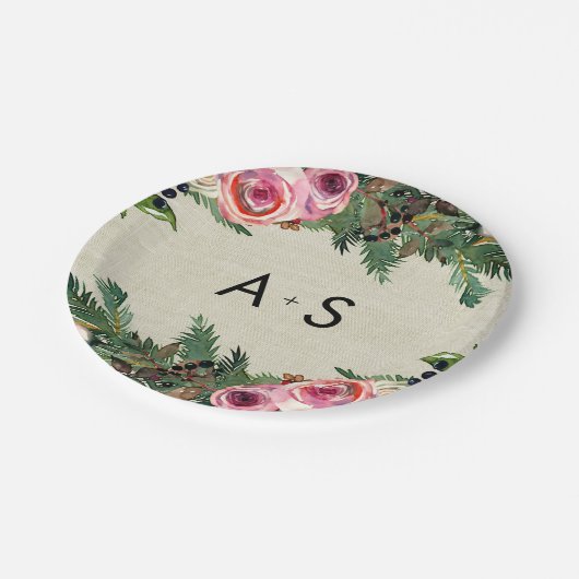 Assiettes En Carton Monogramme Rustique Rose de pin Burlap d'hiver Mar (Angle)
