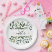 Assiettes En Carton Monogramme Sage Green Eucalyptus Feuilles de verdu (Fête)