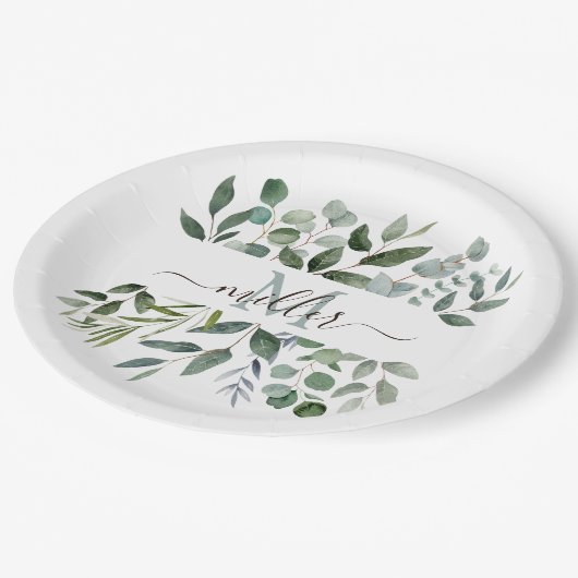 Assiettes En Carton Monogramme Sage Green Eucalyptus Feuilles de verdu (Angle)