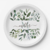 Assiettes En Carton Monogramme Sage Green Eucalyptus Feuilles de verdu (Devant)