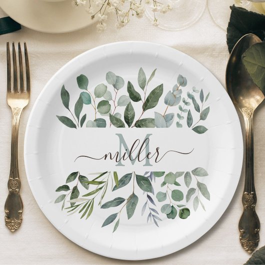 Assiettes En Carton Monogramme Sage Green Eucalyptus Feuilles de verdu
