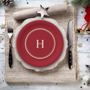 Assiettes En Carton Monogramme simple classique élégant sur rouge cann