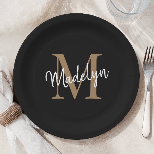 Assiettes En Carton Monogramme simple or et noir Nom de script féminin