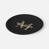 Assiettes En Carton Monogramme simple or et noir Nom de script féminin (Angle)