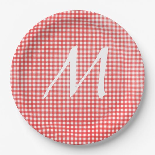 Assiettes En Carton Monogramme sur en vichy rouge et blanc (Devant)